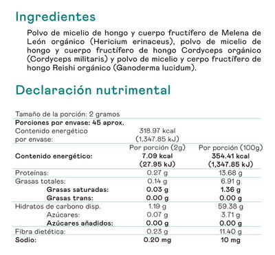Polvo de Hongo Melena de León, cordyceps y Reishi