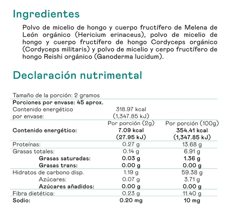 Polvo de Hongo Melena de León, cordyceps y Reishi